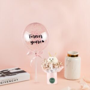 Mini Bunny Flower Box + Lovey Dovey 10″ Bubble Balloon